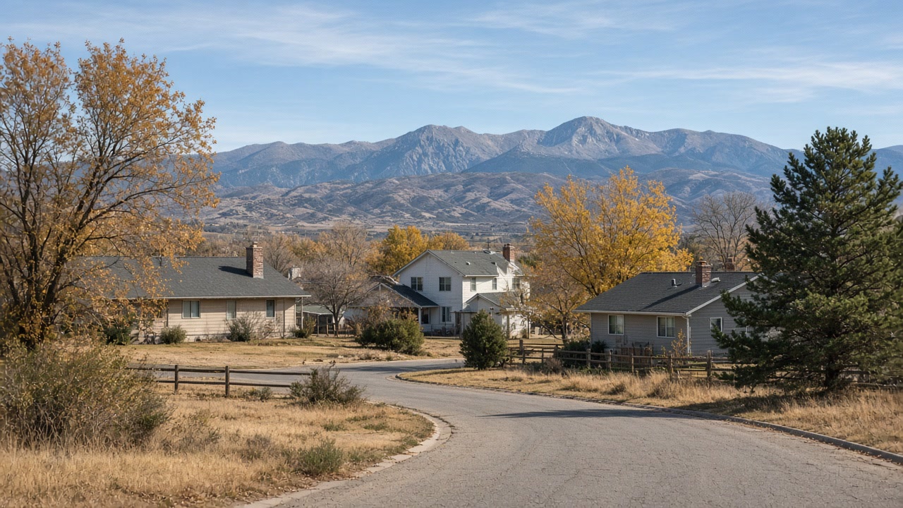 Quiet foothills street of ranch and two-story homes under autumn trees with the Rockies behind