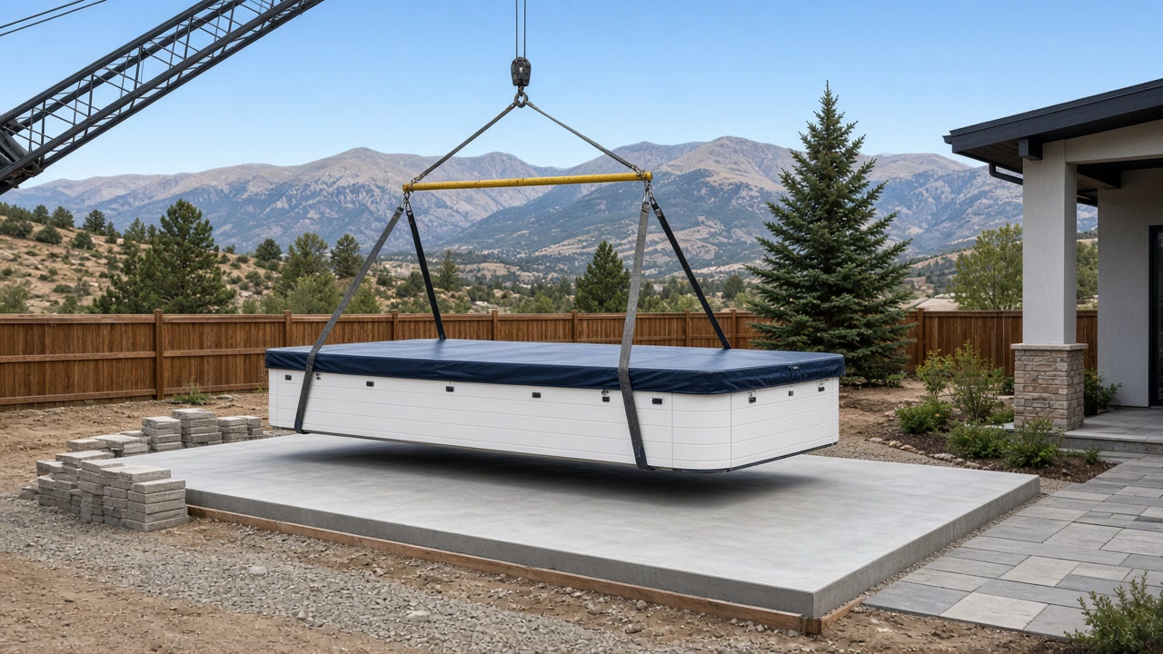 White covered hot tub hanging from crane straps above a new concrete pad with mountains beyond
