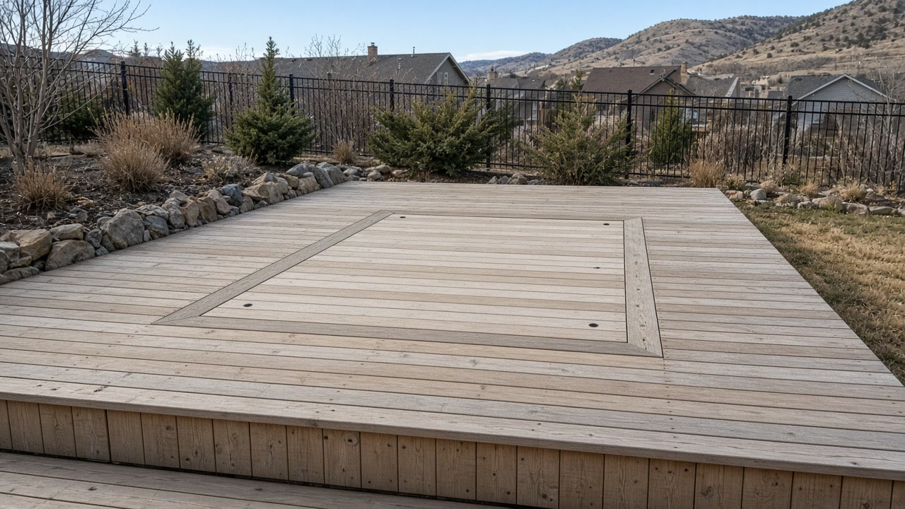 Wooden deck with a square recessed hatch sized for a hot tub, hills and homes beyond