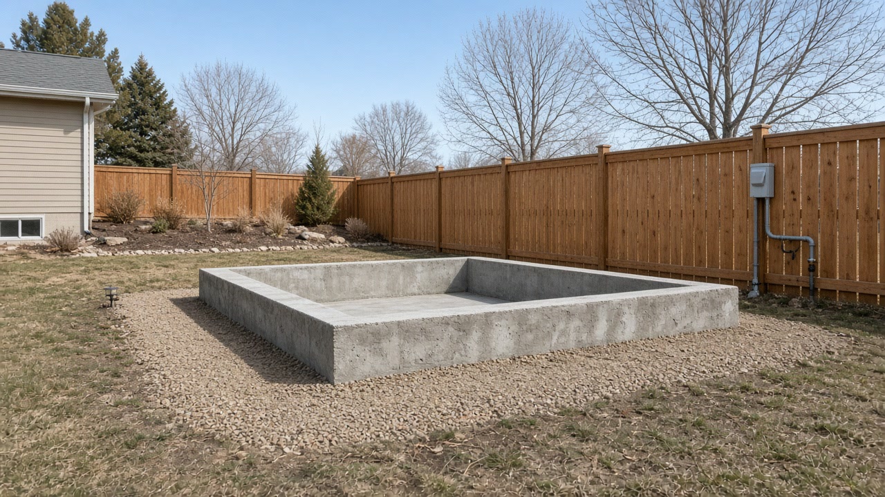 Fresh concrete hot tub pad with pea-gravel border and electrical conduit on the fence