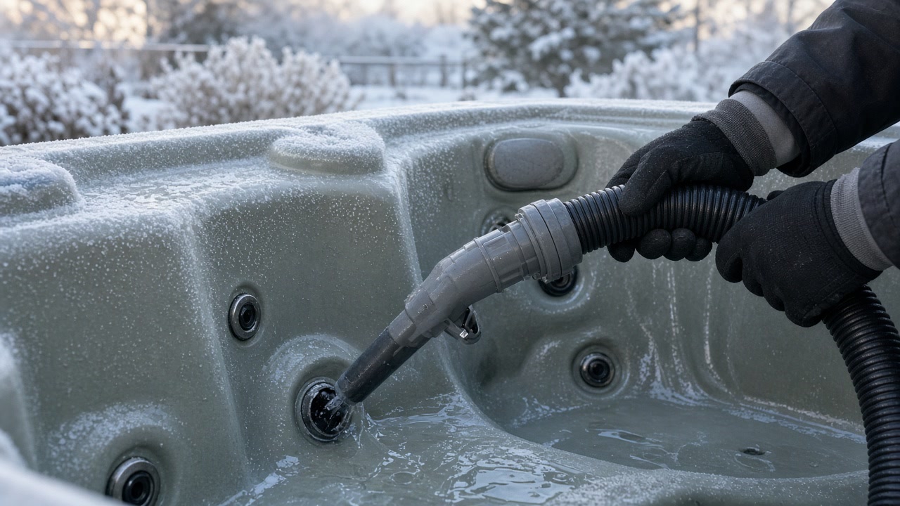 Gloved hands vacuum-draining a frosted hot tub jet in a snowy backyard