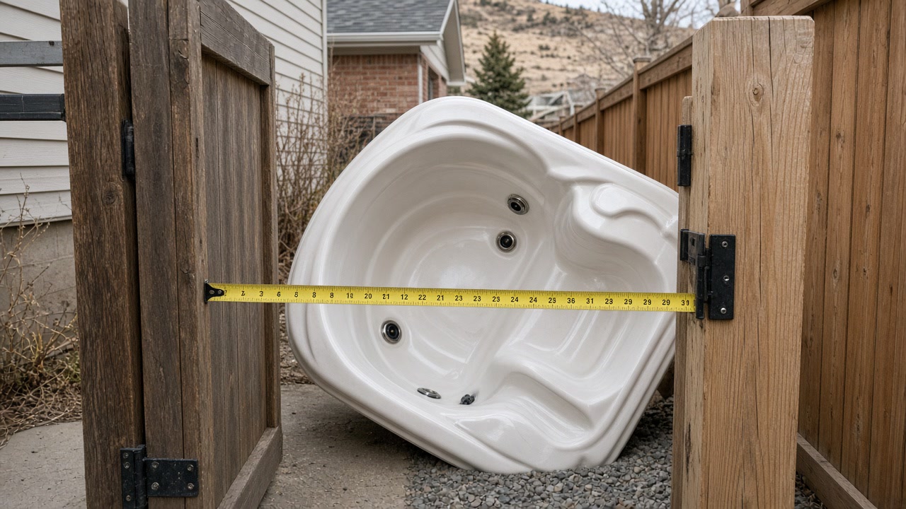 White hot tub on its side behind a gate with a yellow tape measure across the opening