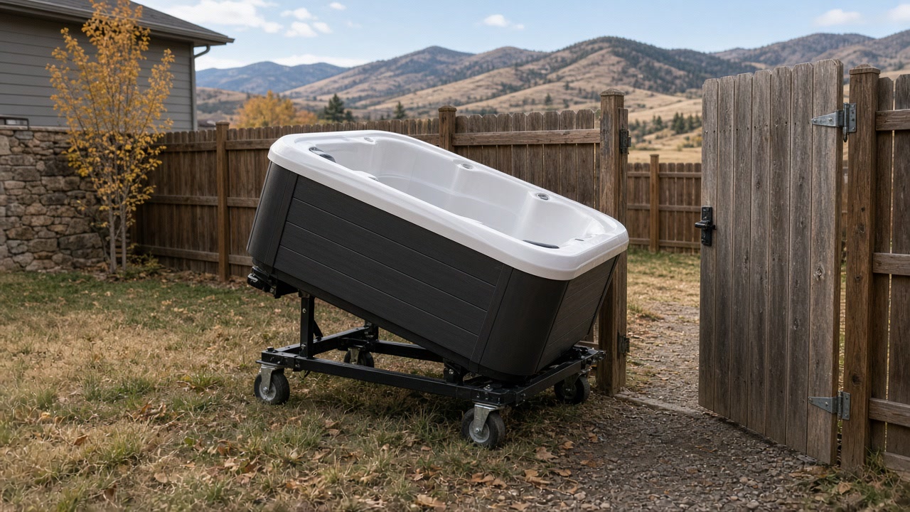 Hot tub tilted on a wheeled dolly passing through a wooden backyard gate with foothills beyond