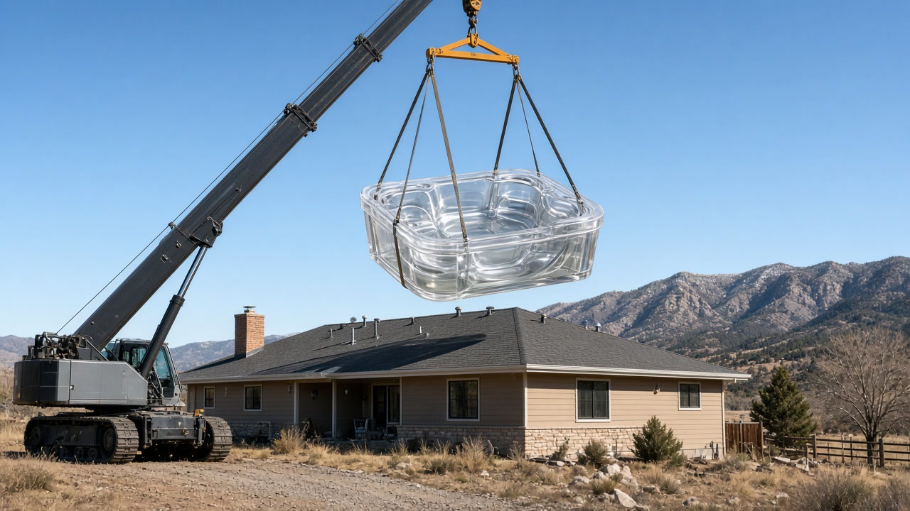 Tracked crane lifting a clear acrylic hot tub over a ranch house toward the backyard