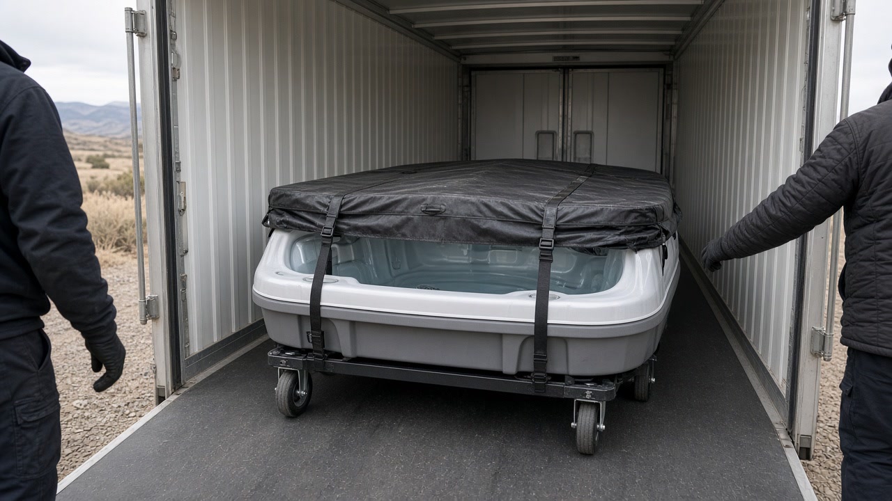 Covered hot tub strapped on a wheeled dolly inside an open transport container