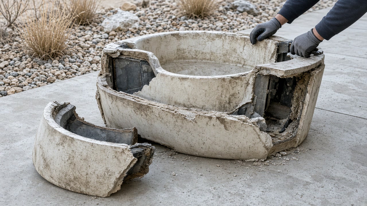 Gloved hands breaking down a cracked circular hot tub shell on a patio for disposal
